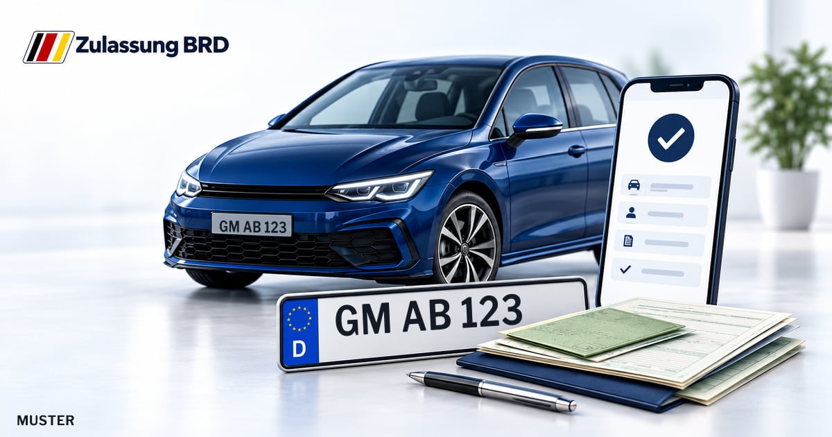 Online Fahrzeugzulassung in Morsbach: Musterkennzeichen GM AB 123, Auto und Fahrzeugpapiere und Smartphone. Illustration mit Logo von Zulassung BRD.